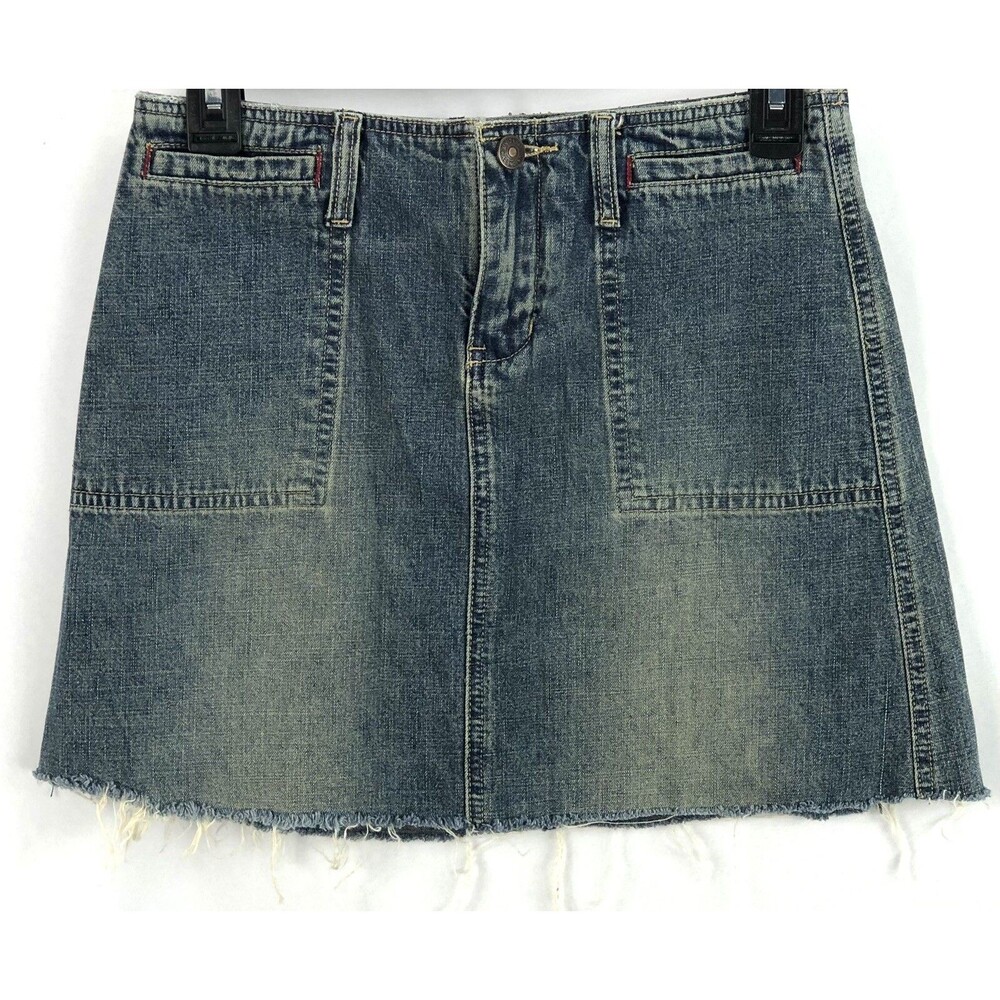Vintage Distressed Denim Mini Skirt 1 Blue Jean Frayed Hem Pockets Grunge 90's